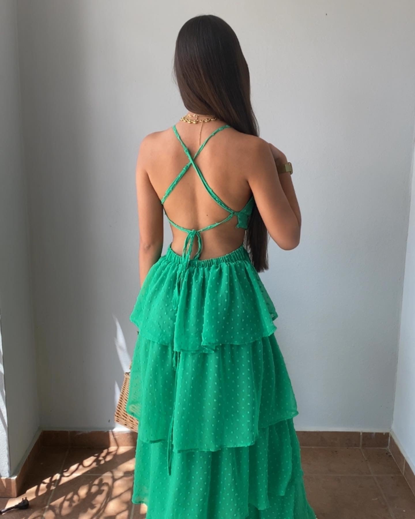 Catalina in green maxi dress
